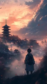 Backlit traveler observes misty pagoda city at cinematic dusk
