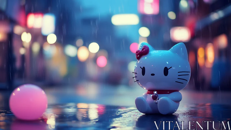 Rain-soaked kawaii cat figurine in neon-lit bokeh streetscape.