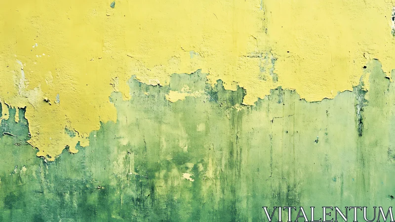 Weathered yellow and green painted wall with peeling texture.
