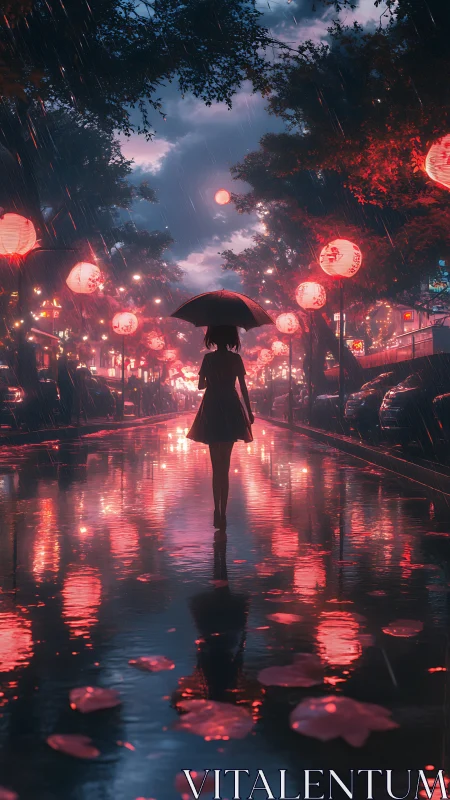 Figure with umbrella on wet lantern street at night.