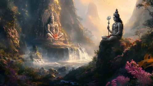 Mystic river valley with twin Shiva visions in golden dawn.