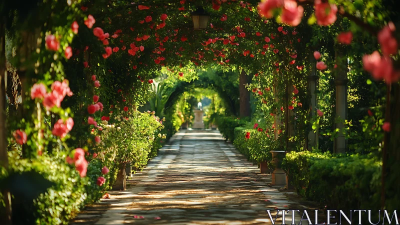 Sunlit rose tunnel frames long formal garden pathway
