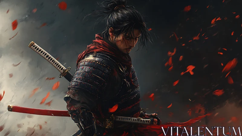 Solitary samurai wrapped in ember-red petals and resolve.