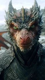 Gentle dragon knight gazes forward with quiet curiosity.