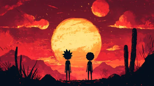 Silhouetted duo observe alien sunset under multiple moons