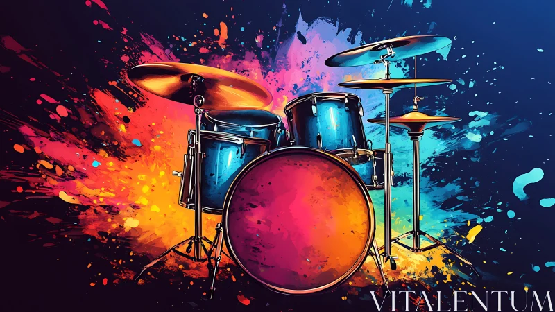 Vibrant drum kit exploding through neon paint splashes.
