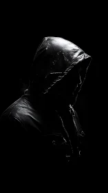 Hooded figure in dramatic low key side-lit portrait study.