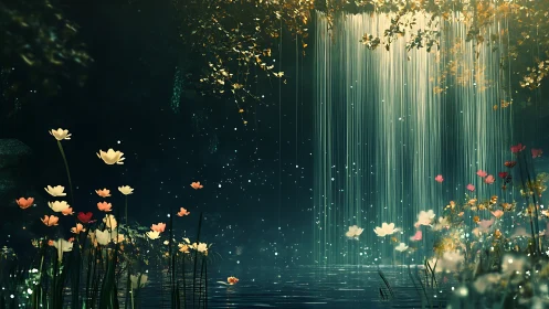 Whisperlit waterfall garden where floating blossoms dream.