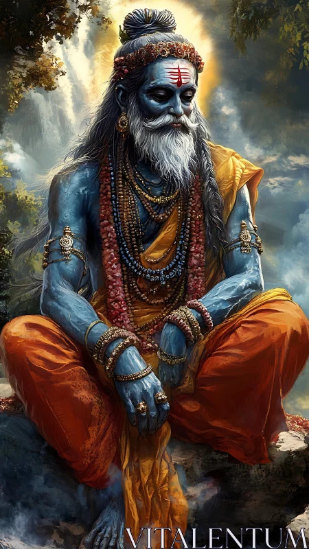 Blue ascetic deity in layered garlands and saffron drapery.