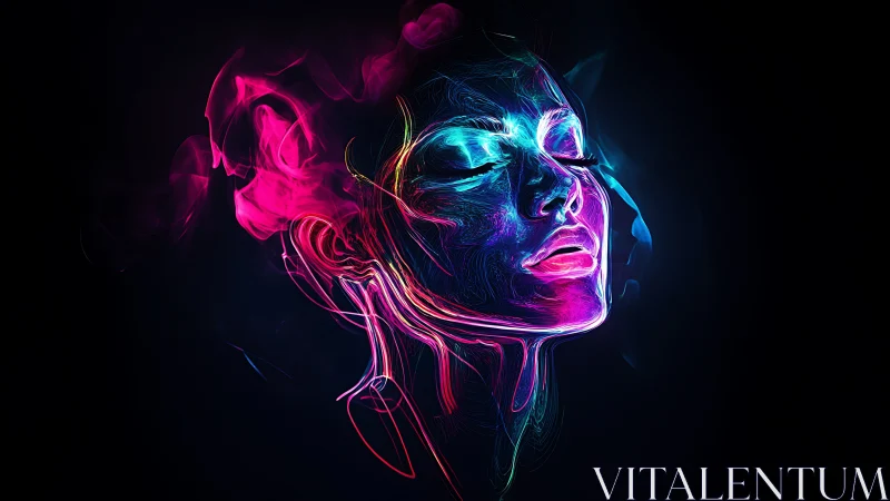 Neon contour portrait of a human face on dark ground.