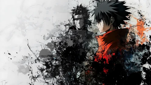 Stoic anime warrior emerges through chaotic ink splashes.