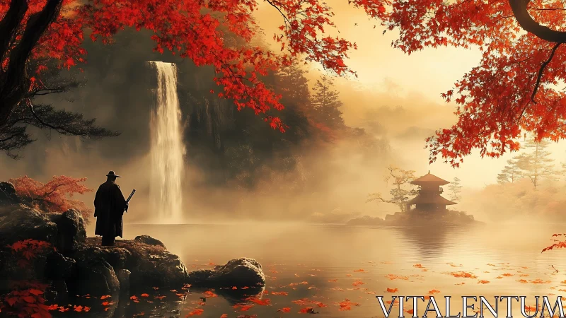 Samurai keeper of autumn mists beside sacred waterfall.