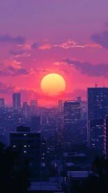Sunset over dense city skyline in magenta-toned light.