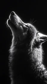 Side profile of wolf in monochrome low key lighting.