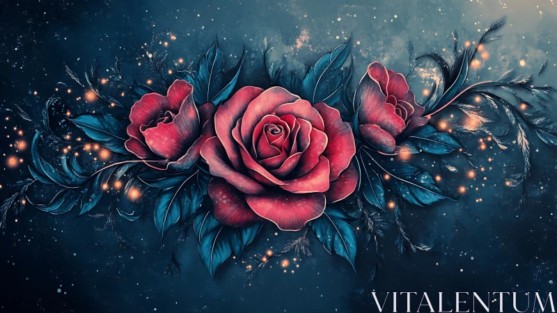 Radiant red roses bloom like constellations in a twilight sky