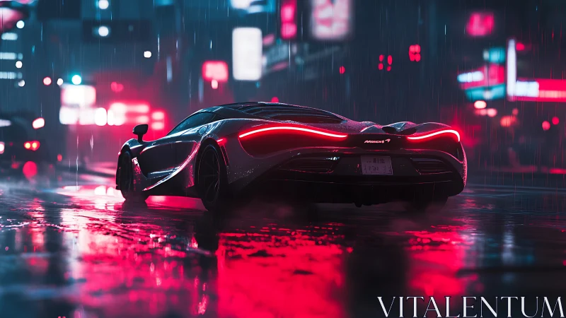 Cyberpunk rain-soaked supercar with neon rim lighting profile.