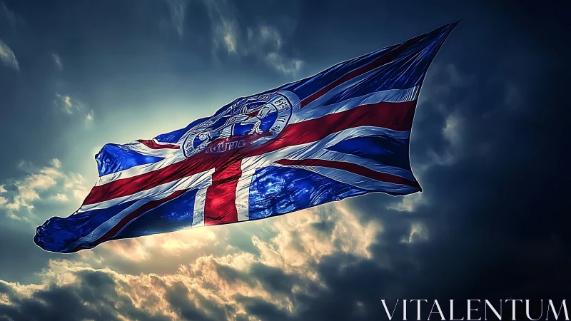 Union Jack variant flag against clouded sky backdrop.