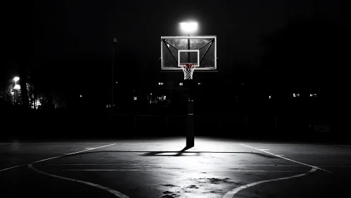 Outdoor basketball hoop stands under bright court floodlight