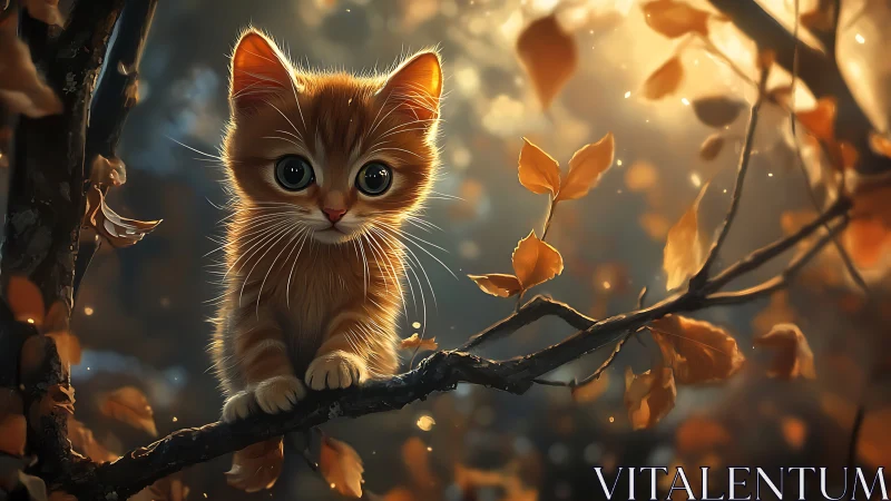 Digitally Rendered Kitten Perched on Branch with Backlit Autumn Foliage