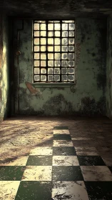 Dilapidated tiled room with grid window and worn plaster walls.