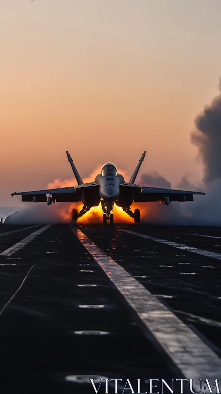 Carrier-based jet fighter launching at sunrise on deck.