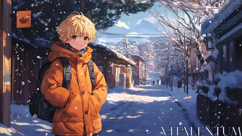 Golden-haired wanderer in a sunlit anime snowstreet pause.