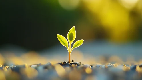 Young seedling stands upright among pebbles in shallow focus