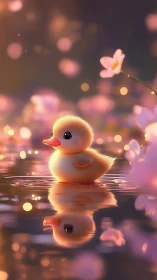 Soft yellow duckling floating on reflective spring water.