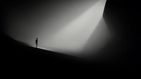 Silhouette strides toward a carved wedge of impossible light