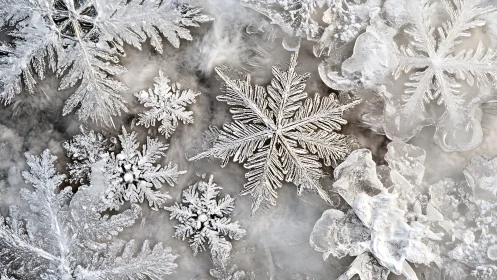 Crystalline snowflake macro study in frosted grayscale field.
