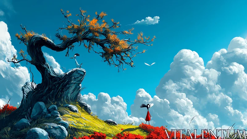 Windblown tree above girl in red beneath towering clouds.