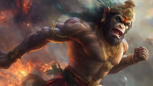 Mythic warrior monkey charges through burning stormfield.