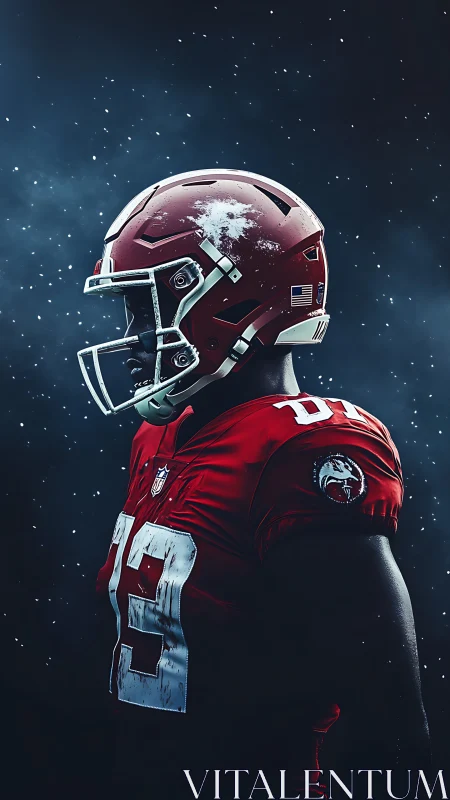 Digital portrait of football player in red uniform under snow.