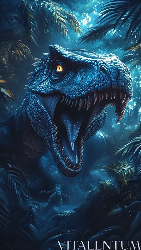 Predatory dinosaur roars amid glowing blue jungle shadows.