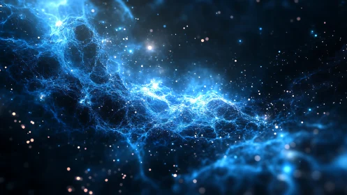 Shimmering blue cosmic web glows gently across deep space