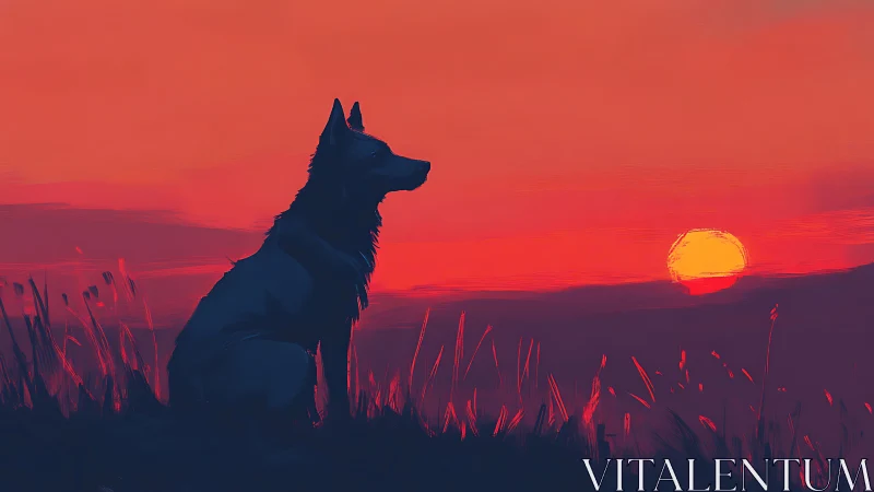 Silhouetted dog watches vivid red sunset over quiet hills