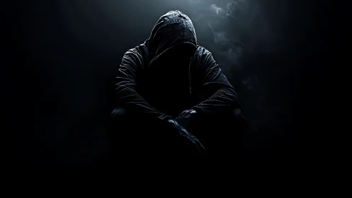Hooded figure in low key silhouette with dramatic rim light.