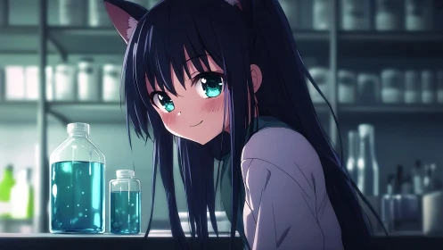 Anime cat-eared girl in lab with glowing blue liquid.