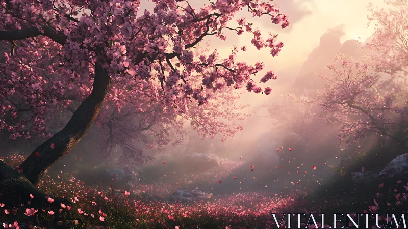 Dreamy cherry blossom valley glowing in soft sunset light.