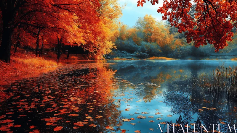 Fiery autumn trees frame a tranquil reflective lakeside scene.