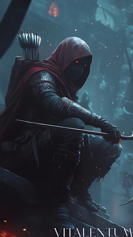Hooded shadow archer poised above dystopian city ruins.