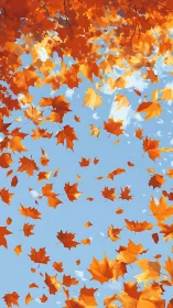 Autumn maple leaves rotate across clear cerulean sky
