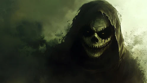 Hooded skeletal figure emerging from dense green mist.