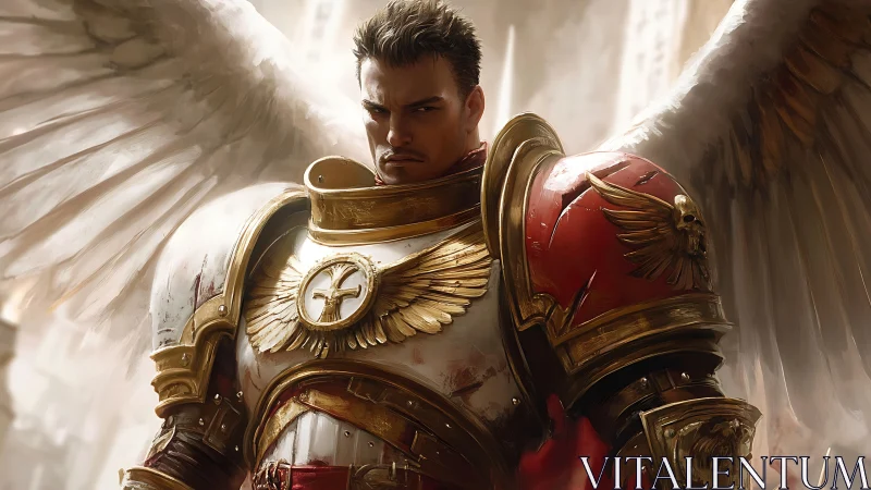 Winged paladin in ornate red and gold power armor stands vigilant.