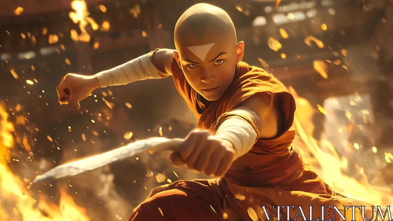 Bald martial artist in orange robe amid dynamic fire effects.