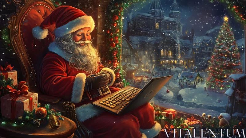 Santa checks Christmas wishes online in a glowing winter town