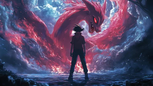 Lone hero confronting colossal red dragon spirit storm.