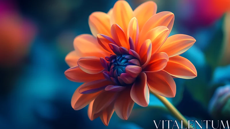 Digitally rendered dahlia specimen with volumetric orange petals against bokeh background