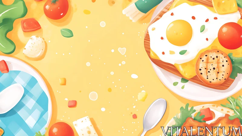 Sunny-side brunch parade with playful scatter of flavors.