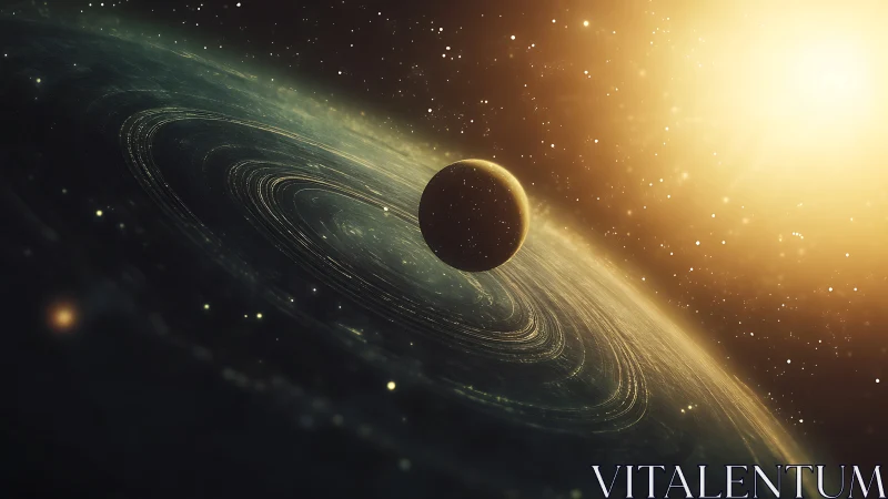 Lonely dark planet drifts through glowing cosmic rings